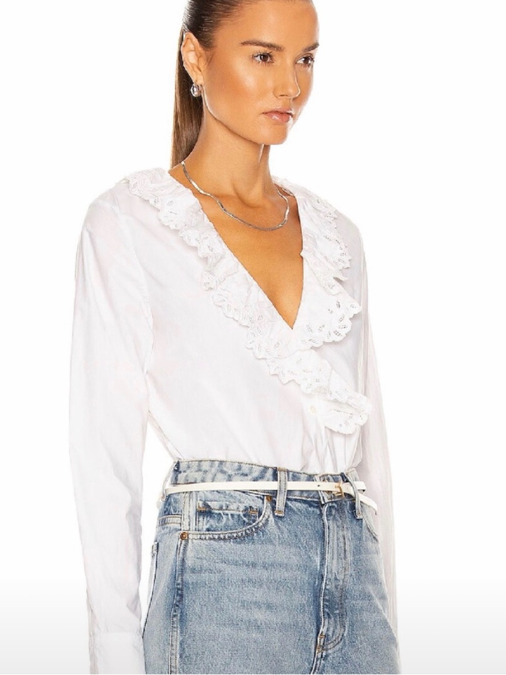 NILI LOTAN Everett Shirt, XSMALL 
White Ruffle V-Neck Long-Sleeve Top